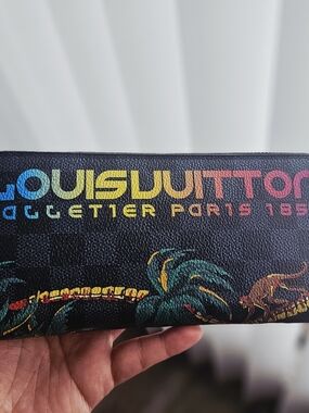 Louis Vuitton Black Wallet with Rainbow Logo and Green Tropical Accents